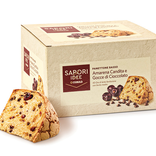 Sapori & Idee Panettone Basso, with Gold Chocolate and Caramel, and with Candied Black Cherries and Chocolate Chips